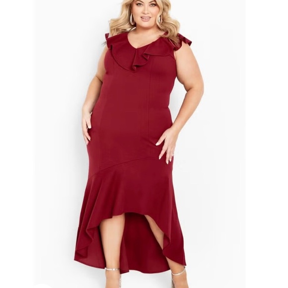 Avenue Red Asymmetrical Ruffled Gown for Wedding Guests - Picture 2 of 3